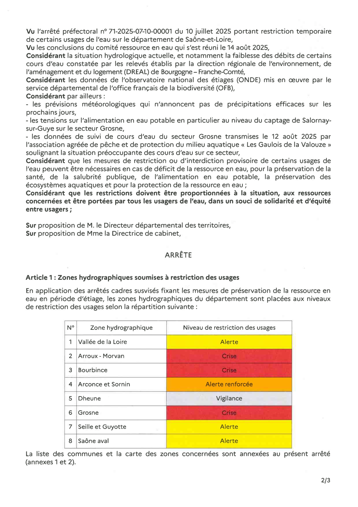 Restriction temporaire de l'usage de l'eaux